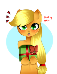 Size: 3000x3900 | Tagged: safe, artist:kyuniko, applejack, g4, bronybait, female, hatless, hoof hold, missing accessory, present, solo