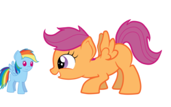 Size: 3816x2397 | Tagged: safe, artist:kaleysia, rainbow dash, scootaloo, pegasus, pony, g4, bending, blank flank, female, filly, foal, gritted teeth, missing cutie mark, plushie, rainbow dash plushie, simple background, smiling, solo, spread wings, teeth, transparent background, wings