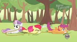 Size: 640x351 | Tagged: safe, screencap, apple bloom, scootaloo, sweetie belle, flight to the finish, g4, cutie mark crusaders, derp, hub logo, rope