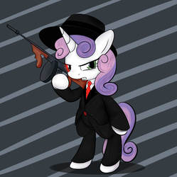 Size: 872x875 | Tagged: source needed, safe, artist:mcsadat, sweetie belle, pony, robot, unicorn, g4, bipedal, clothes, female, filly, foal, hat, hooves, horn, mafia, pants, solo, suit, sweetie bot, teeth, tommy gun