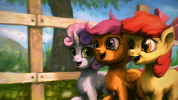 Size: 1920x1080 | Tagged: safe, artist:assasinmonkey, apple bloom, scootaloo, sweetie belle, earth pony, pegasus, pony, unicorn, g4, apple bloom's bow, blank flank, bow, cutie mark crusaders, female, fence, filly, foal, hair bow, open mouth, signature, smiling, tree
