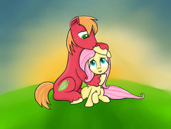 Size: 1024x768 | Tagged: safe, artist:kaleysia, big macintosh, fluttershy, earth pony, pony, g4, awkward, hug, male, ship:fluttermac, shipping, stallion, straight