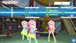 Size: 1136x640 | Tagged: safe, gameloft, fluttershy, equestria girls, g4, boots, clothes, computer, fall formal outfits, gameloft clones, high heel boots, library, multeity, skirt, so much flutter