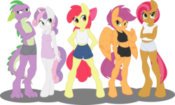 Size: 11504x6929 | Tagged: safe, artist:ambris, artist:gray-gold, apple bloom, babs seed, scootaloo, spike, sweetie belle, dragon, earth pony, pegasus, unicorn, anthro, unguligrade anthro, g4, .svg available, absurd resolution, belly button, blushing, boxers, boyshorts, chart, clothes, colored, crossed arms, cutie mark crusaders, female, fluffy, height scale, hooves, midriff, nightgown, older, panties, shorts, simple background, size chart, size comparison, tank top, teenager, topless, transparent background, underwear, vector