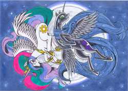 Size: 3274x2332 | Tagged: safe, artist:cityo, nightmare moon, princess celestia, g4, traditional art