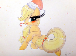 Size: 1301x955 | Tagged: safe, artist:prettypinkpony, applejack, earth pony, pony, g4, bedroom eyes, candy cane, christmas, female, hat, impossibly long eyelashes, long eyelashes, mouth hold, santa hat, solo