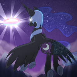 Size: 900x891 | Tagged: safe, artist:cruxisma, nightmare moon, pony, g4, female, fight, flying, magic, scene interpretation, solo