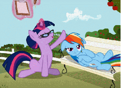 Size: 592x433 | Tagged: safe, screencap, rainbow dash, twilight sparkle, pony, unicorn, g4, lesson zero, animated, bench, clipboard, cropped, duo, female, glasses, hair bun, loop, petting, quill, therapist, twilight's professional glasses, unicorn twilight
