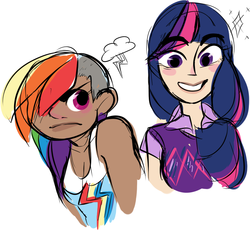 Size: 853x786 | Tagged: safe, artist:moobuttt, rainbow dash, twilight sparkle, human, g4, clothes, dark skin, humanized, light skin, undercut, vest