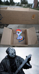 Size: 836x1584 | Tagged: safe, rainbow dash, pegasus, pony, fanfic:my little dashie, g4, dashie meme, evil people finding dash meme, exploitable meme, friday the 13th, jason voorhees, meme