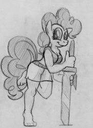 Size: 1024x1406 | Tagged: safe, artist:drawponies, pinkie pie, earth pony, anthro, plantigrade anthro, g4, cute, feet, female, monochrome, sketch, solo