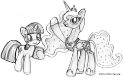 Size: 986x627 | Tagged: safe, artist:endlessnostalgia, princess luna, twilight sparkle, g4, female, monochrome, plushie, sketch