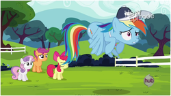 Size: 628x355 | Tagged: safe, screencap, apple bloom, rainbow dash, scootaloo, sweetie belle, earth pony, pony, flight to the finish, g4, coach rainbow dash