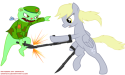 Size: 4000x2395 | Tagged: safe, artist:orang111, derpy hooves, pegasus, pony, g4, bayonet, bipedal, crossover, fight, flippy, happy tree friends, knife, simple background, sword, transparent background