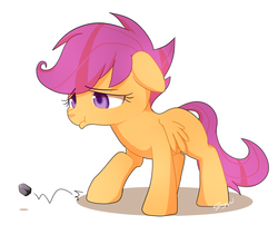 Size: 977x789 | Tagged: dead source, safe, artist:sion, scootaloo, pegasus, pony, flight to the finish, g4, blank flank, eye clipping through hair, eyebrows, eyebrows visible through hair, female, filly, floppy ears, foal, kicking, pouting, rock, sad, signature, simple background, solo, spread wings, white background, wings