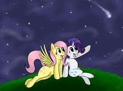 Size: 1210x897 | Tagged: safe, artist:silver1kunai, fluttershy, rarity, g4, female, lesbian, night, ship:flarity, shipping, stars