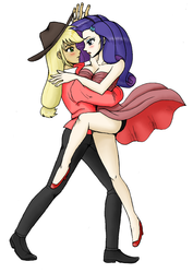 Size: 859x1210 | Tagged: dead source, safe, artist:asdf314159265, applejack, rarity, human, g4, dancing, duo, female, humanized, lesbian, light skin, ship:rarijack, shipping, tango