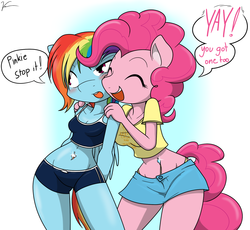 Size: 1573x1447 | Tagged: safe, artist:sandwich-anomaly, pinkie pie, rainbow dash, anthro, g4, bare midriff, belly button, belly piercing, bellyring, blushing, clothes, commission, commissioner:navelcolt, compression shorts, dialogue, female, keep calm and carry on, panties, piercing, sports bra, thong, underwear