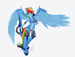 Size: 1732x1311 | Tagged: safe, artist:zodiacnicola, rainbow dash, anthro, unguligrade anthro, g4, armor, belly button, chainmail bikini, female, hooves, midriff, solo, sword