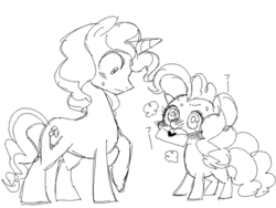 Size: 500x375 | Tagged: safe, artist:うめぐる, pinkie pie, pokey pierce, g4, blushing, female, letter, love letter, male, monochrome, ship:pokeypie, shipping, sketch, straight