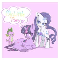 Size: 1000x1000 | Tagged: safe, artist:ringo, rarity, spike, twilight sparkle, g4, brush, brushing, grooming, jealous, magic, observer, pixiv