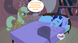 Size: 600x337 | Tagged: safe, edit, edited screencap, screencap, applejack, rarity, earth pony, pony, g4, look before you sleep, accident, bed, bedwetting, duo, female, golden oaks library, hub logo, mare, pillow, pissing, sleeping, toilet humor, urine, wetting