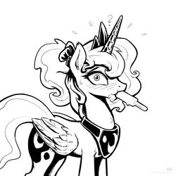 Size: 1600x1600 | Tagged: safe, artist:kp-shadowsquirrel, princess luna, alicorn, pony, g4, alternate hairstyle, blushing, female, mare, monochrome, ponytail, popsicle, sketch, solo