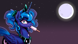 Size: 1920x1080 | Tagged: safe, artist:kp-shadowsquirrel, princess luna, alicorn, pony, g4, alternate hairstyle, blushing, female, mare, moon, ponytail, popsicle, solo, wallpaper