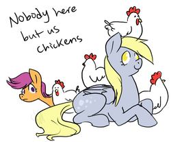 Size: 775x643 | Tagged: dead source, safe, artist:cartoonlion, derpy hooves, scootaloo, chicken, g4, duo, scootachicken, text