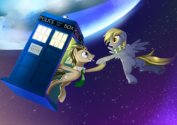 Size: 3507x2480 | Tagged: safe, artist:gashiboka, derpy hooves, doctor whooves, time turner, earth pony, pegasus, pony, g4, clothes, crossover, doctor who, earth, equus, female, floating, male, mare, necktie, planet, scarf, sonic screwdriver, space, stallion, tardis, the doctor