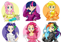 Size: 1400x962 | Tagged: safe, artist:nancysauria, applejack, fluttershy, pinkie pie, rainbow dash, rarity, twilight sparkle, human, g4, bouquet, clothes, dress, evening gloves, female, flower, gloves, hat, humanized, long gloves, looking at you, looking back, looking back at you, magnifying glass, mane six, one eye closed, smiling, waving, wink