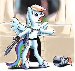 Size: 756x716 | Tagged: artist needed, source needed, safe, rainbow dash, pegasus, pony, g4, armor, belt, bipedal, female, gladiator, helmet, mare, open mouth, simple background, solo, sword