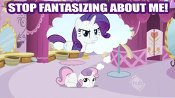 Size: 500x280 | Tagged: safe, edit, edited screencap, screencap, rarity, sweetie belle, g4, caption, hub logo, image macro, text, thought bubble