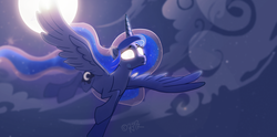 Size: 1100x545 | Tagged: dead source, safe, artist:kawaiidogarts, princess luna, children of the night, g4, female, flying, glowing eyes, solo