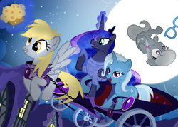 Size: 900x639 | Tagged: safe, artist:pixelkitties, derpy hooves, princess luna, silver spoon, trixie, alicorn, earth pony, pegasus, pony, unicorn, g4, armor, bedroom eyes, carriage, chase, clothes, female, flying, grin, magic, magic shirt, mare, moon, muffin, open mouth, pixelkitties' brilliant autograph media artwork, shirt, smiling, telekinesis