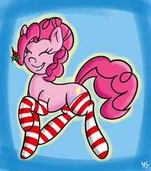 Size: 1259x1429 | Tagged: safe, artist:mooniearts, pinkie pie, g4, christmas, clothes, female, holly, socks, solo, striped socks