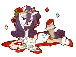 Size: 881x668 | Tagged: safe, artist:うめぐる, part of a set, rarity, pony, unicorn, g4, christmas, clothes, female, holiday, incorrect leg anatomy, jewelry, looking at you, lying down, mare, open mouth, pixiv, prone, simple background, smiling, solo, white background, winter outfit
