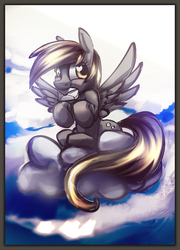 Size: 2157x3000 | Tagged: safe, artist:alumx, derpy hooves, pegasus, pony, g4, cloud, cloudy, female, letter, mare, mouth hold, solo