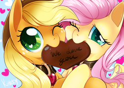 Size: 1637x1157 | Tagged: safe, artist:si1vr, applejack, fluttershy, g4, collar, cute, female, heart, lesbian, looking at you, note, ship:appleshy, shipping