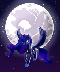 Size: 1250x1500 | Tagged: safe, artist:renatethepony, princess luna, oc, oc:crescent, alicorn, pony, g4, ethereal mane, female, flying, galaxy mane, hijo de la luna, mare, mare in the moon, moon, night, ponies riding ponies, riding, stars