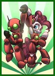 Size: 2157x3000 | Tagged: safe, artist:alumx, pinkie pie, earth pony, pony, robot, g4, abstract background, bipedal, duo