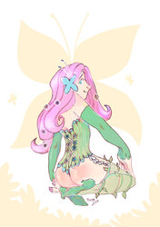 Size: 500x709 | Tagged: safe, artist:muura, fluttershy, human, g4, ass, butt, clothes, corset, evening gloves, female, high heels, humanized, light skin, looking back, nail polish, solo, squatting