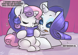 Size: 1500x1055 | Tagged: safe, artist:atryl, rarity, sweetie belle, pony, unicorn, g4, 30 minute art challenge, cute, dialogue, diasweetes, eyes closed, female, filly, lying, lying down, mare, music notes, open mouth, prone, sisters, sitting, smiling, speech bubble, tail wrap, talking
