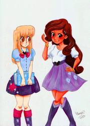 Size: 1614x2259 | Tagged: safe, artist:deetsukino, rarity, twilight sparkle, equestria girls, g4, beautiful, cosplay, crossover, human coloration, humanized, london tipton, maddie fitzpatrick, natural hair color, the suite life of zack and cody, traditional art