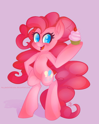 Size: 1000x1253 | Tagged: safe, artist:falleninthedark, pinkie pie, earth pony, pony, g4, bipedal, cupcake, female, solo