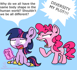 Size: 1024x943 | Tagged: safe, artist:daisy-dictator, pinkie pie, twilight sparkle, equestria girls, g4, dialogue, diversity, drama, equestria girls drama, irony, speech bubble, text