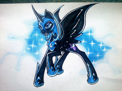 Size: 1024x768 | Tagged: safe, artist:thatonegib, nightmare moon, alicorn, pony, g4, female, raised hoof, solo, traditional art