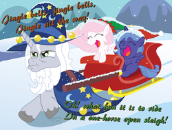Size: 5635x4250 | Tagged: safe, artist:t-3000, princess celestia, princess luna, star swirl the bearded, g4, absurd resolution, cewestia, christmas, cute, cutelestia, eyes closed, filly, frown, glare, grumpy, happy, hat, jingle bells, lunabetes, open mouth, pouting, running, santa hat, santa woona, sitting, sleigh, smiling, snow, snowfall, star swirl is not amused, woona, younger