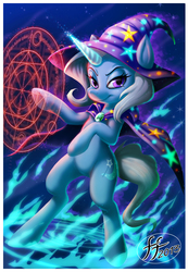 Size: 882x1276 | Tagged: safe, artist:14-bis, trixie, pony, g4, bipedal, cape, clothes, female, glowing horn, hat, horn, looking at you, magic, magic circle, mare, palindrome get, smiling, solo, trixie's cape, trixie's hat