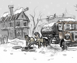 Size: 948x768 | Tagged: safe, artist:agm, oc, oc only, earth pony, pony, sad, sewage cleaners, snow, snowfall, truck, winter, working